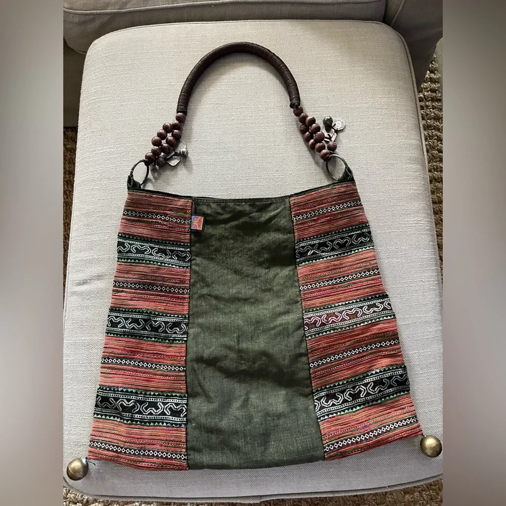 GORGEOUS tribal tapestry boho handmade fabric purse bag metal wood beads hippie